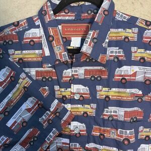 Kimoshan Fireman‎ Hawaiian Shirt Mens XL Blue Firetruck Button Up Short Sleeve